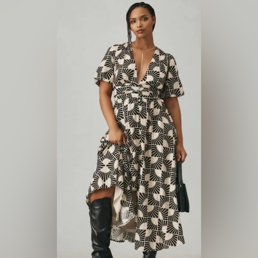Anthropologie Katerina Button Front Dress, Black and Cream, Size L